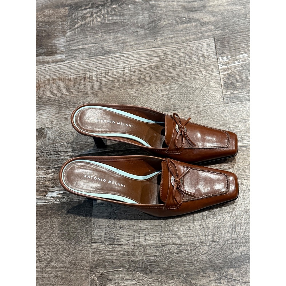 Antonio Melani Brown Leather Square Toe Loafer Mules Kitten Heel Bow Size 7.5M - Picture 4 of 7